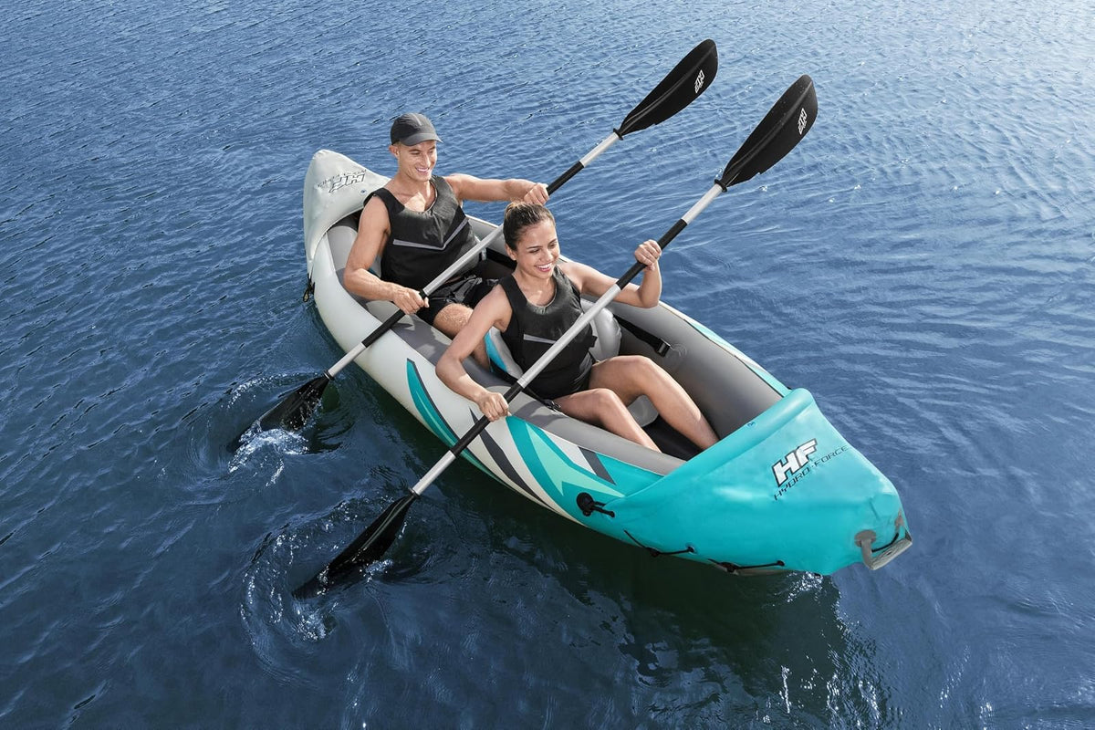 Bestway Hydro-Force - Juego de Kayak Inflable Rapid Elite para 2 Personas | Incluye Kayak, 2 paletas de Aluminio, Bomba de Mano, 2 Aletas y Bolsa de Transporte