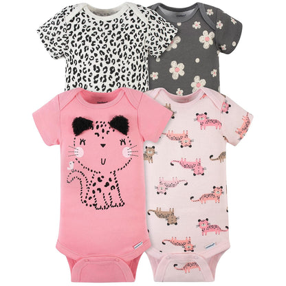 Gerber Conjunto de 4 Mamelucos de Manga Corta para Bebé Niña - 6-9 Meses - rosa (Leopard PINK)