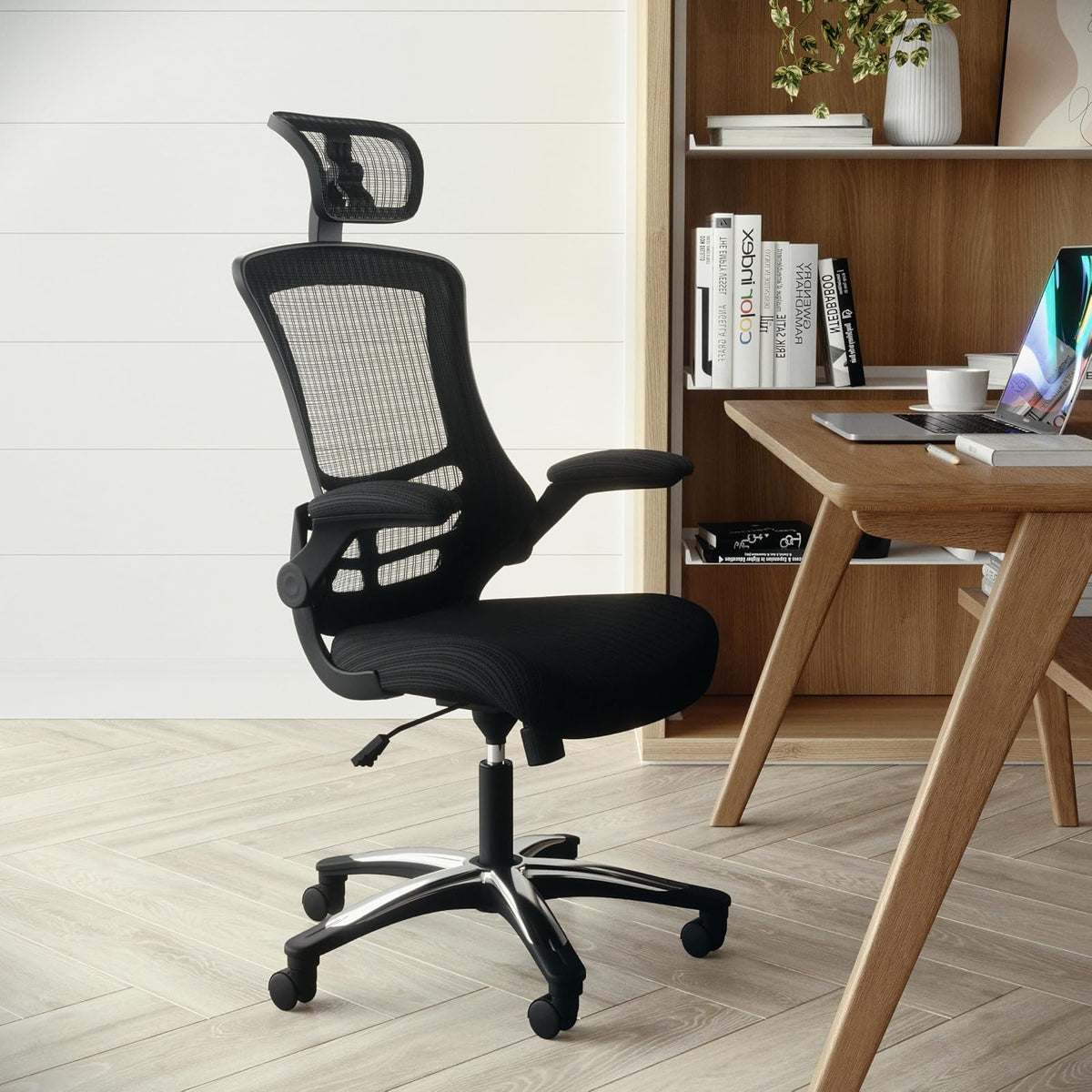 Flash Furniture High-Back Black Mesh Swivel Ergonomic Executive Office Chair with Flip-Up Arms and Adjustable Headrest
