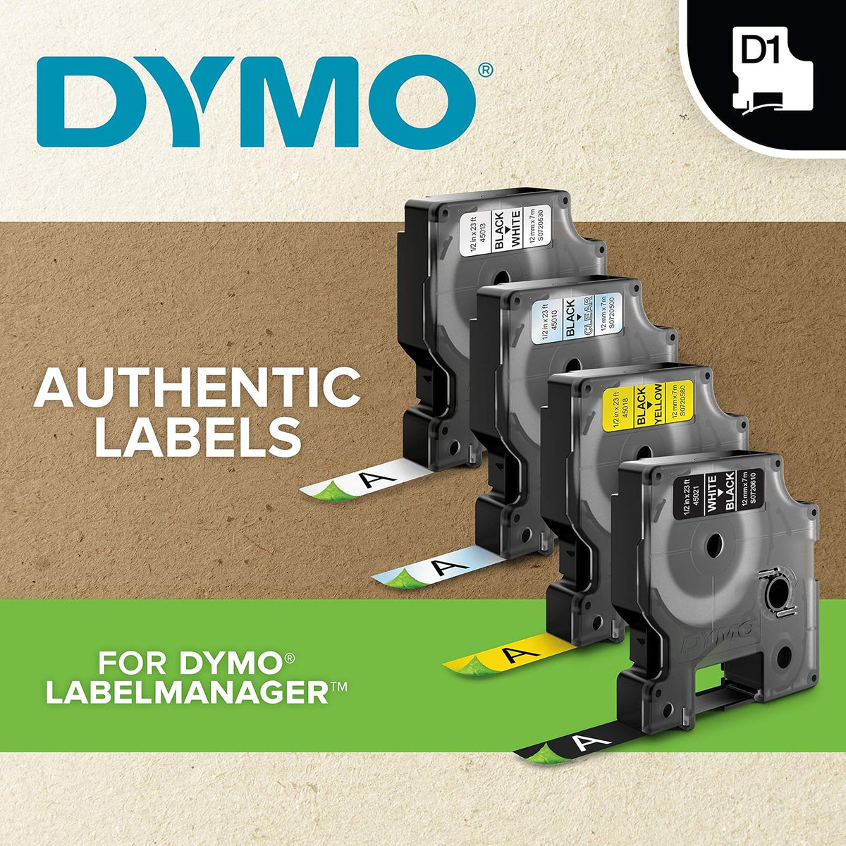 Dymo 45013 Cinta D1 1/2" 12mm x 7m, Letra, negro/blanco