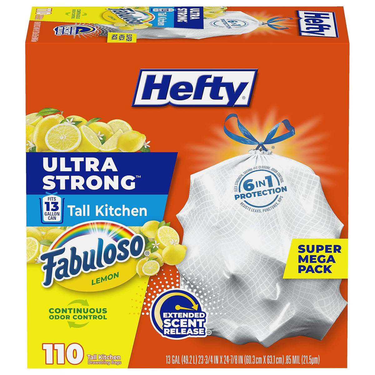 Hefty Bolsas de Basura con Cordón 13 Galones, Aroma Cítrico, 80 Piezas - Fabuloso Limón - 110 count (Pack of 1)
