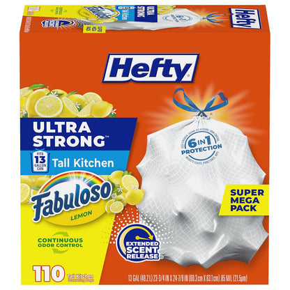 Hefty Bolsas de Basura con Cordón 13 Galones, Aroma Cítrico, 80 Piezas - Fabuloso Limón - 110 count (Pack of 1)