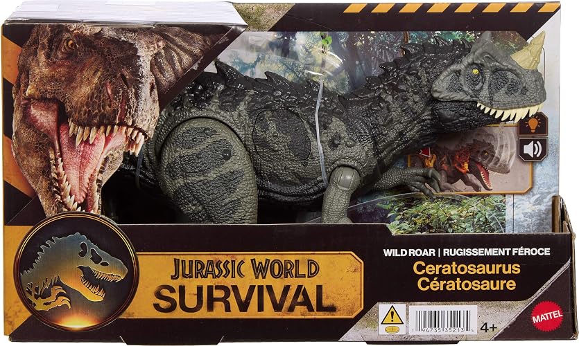 Jurassic World Rugido Salvaje Ceratosaurus, Dinosaurio de Juguete con Luces, Sonidos y Movimiento de Mordida Vertical, para Niños de 4 Años en Adelante
