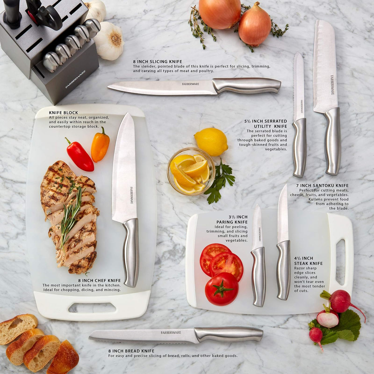 Farberware Juego de 15 cuchillos de acero inoxidable estampado, juego de cuchillos de cocina de acero inoxidable de alto carbono con asas ergonómicas, cuchillos afilados con bloque de madera, juego de