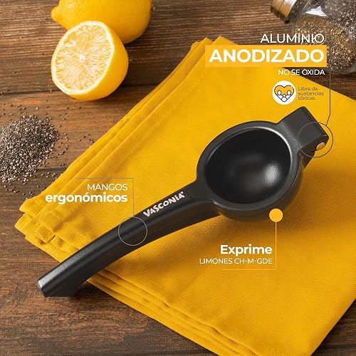 Vasconia | Exprimidor de Limones y Cítricos Esencial Aluminio Negro Mate | Aluminio anodizado, Exprime cítricos, Remache reforzado, Asas ergonómicas, Agarre cómodo, Fácil uso, Larga durabilidad