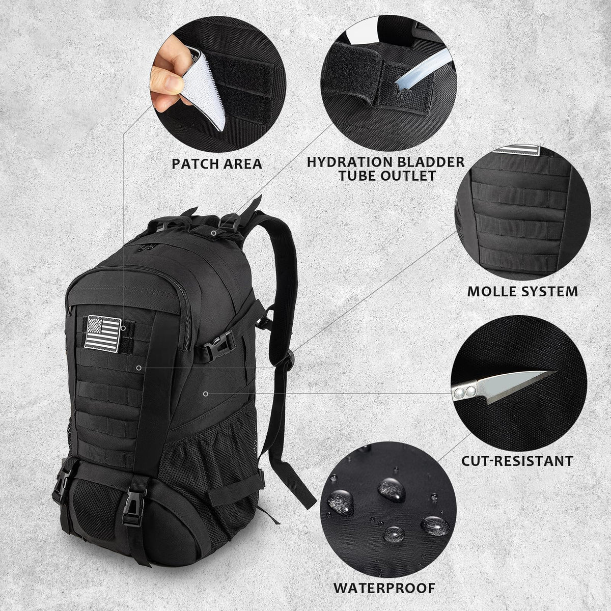 Jueachy - Mochila táctica para hombre, mochila militar Molle, impermeable, 30 L, con parche de bandera de Estados Unidos