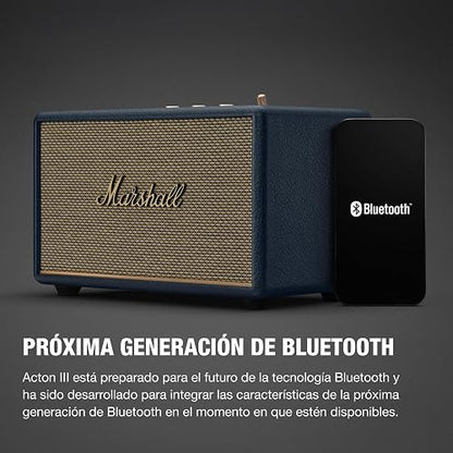 Marshall Acton III Bocina Bluetooth – Sonido Estéreo Potente con Controles de Bajos y Agudos | Funciona Conectada a la Corriente | Entrada Auxiliar de 3.5 mm | Azul Medianoche