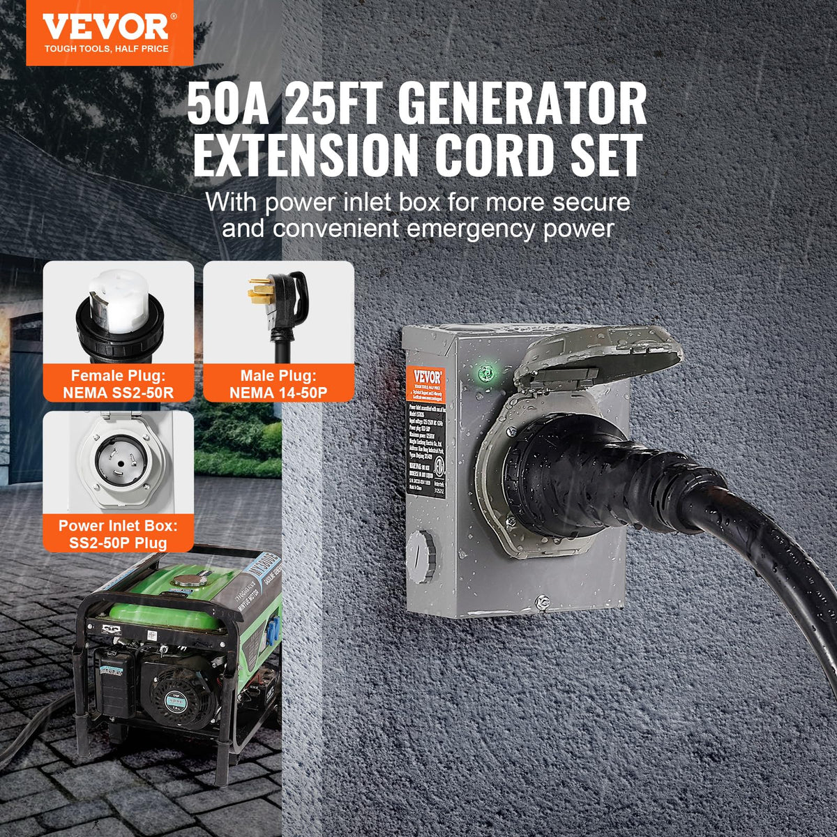 VEVOR Kit de Cable de generador de 50 A y Caja de Entrada de energía, 7,62 m (25 pies), Cable de alimentación de generador NEMA 14-50P/SS2-50R STW 6/3+8/1 AWG con Conector de Bloqueo Giratorio