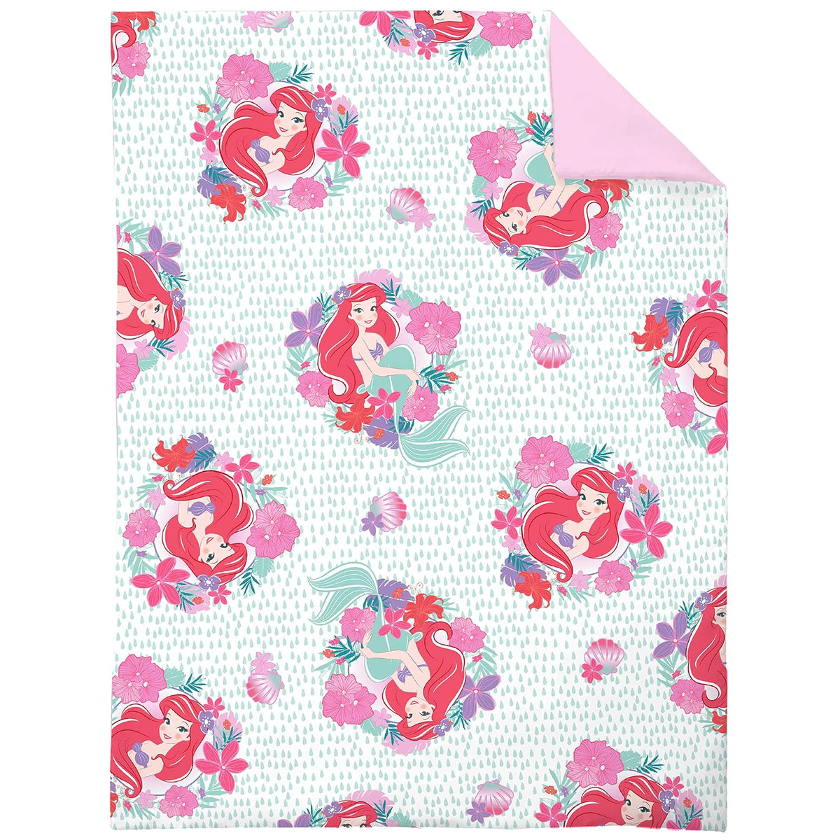 Disney Ariel Sea Garden - Juego de Cama de 4 Piezas para niños pequeños, edredón, sábana Bajera, sábana encimera Plana, Funda de Almohada Reversible de tamaño estándar, Rosa y Aguamarina