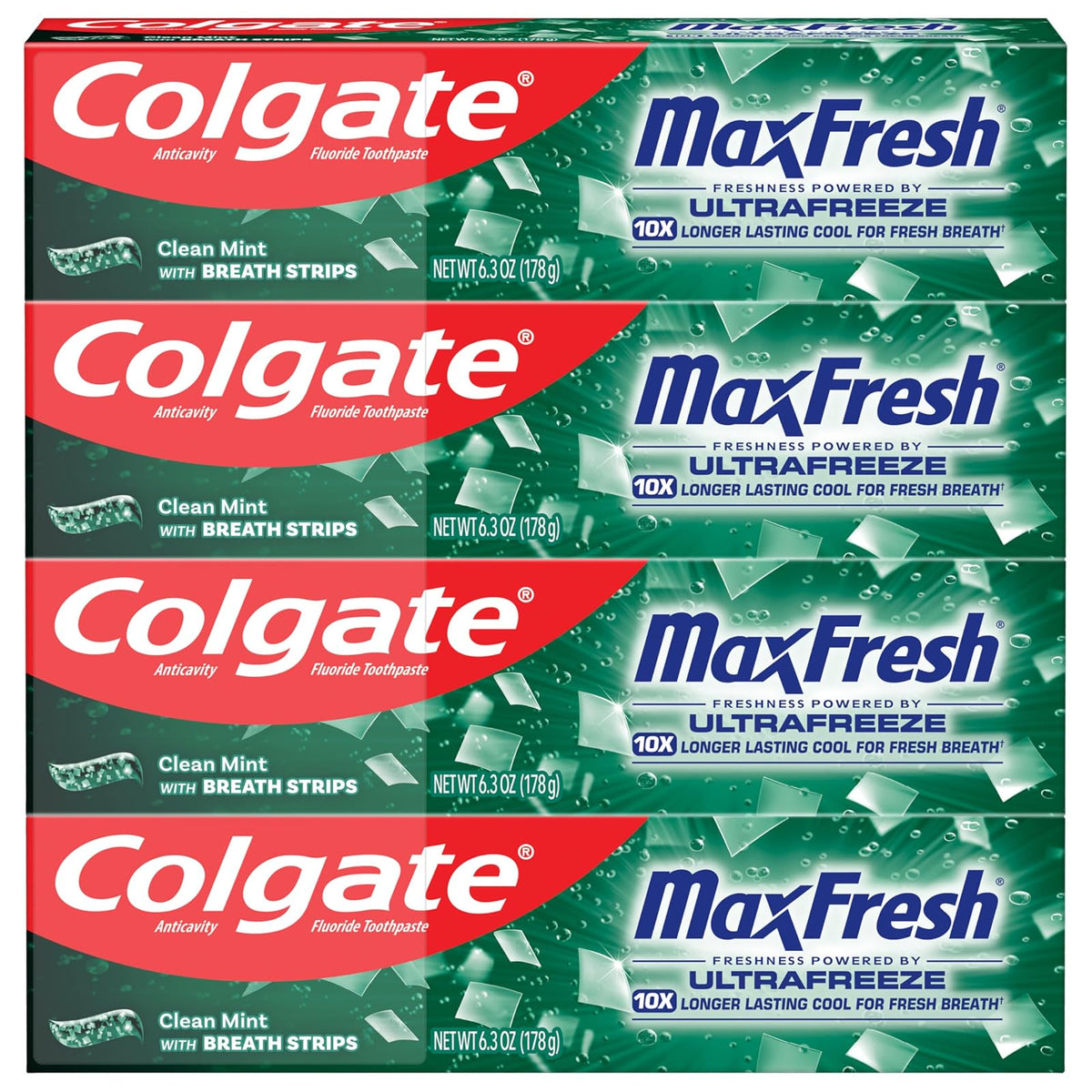 Colgate Max Fresh Pasta Dental Whitening | Menta Limpia, 4 Paquete, 6.3 Oz, Tiras De Aliento Mini, Combate Caries, Fresca Aliento, Blanquea Dientes