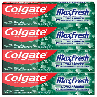 Colgate Max Fresh Pasta Dental Whitening | Menta Limpia, 4 Paquete, 6.3 Oz, Tiras De Aliento Mini, Combate Caries, Fresca Aliento, Blanquea Dientes