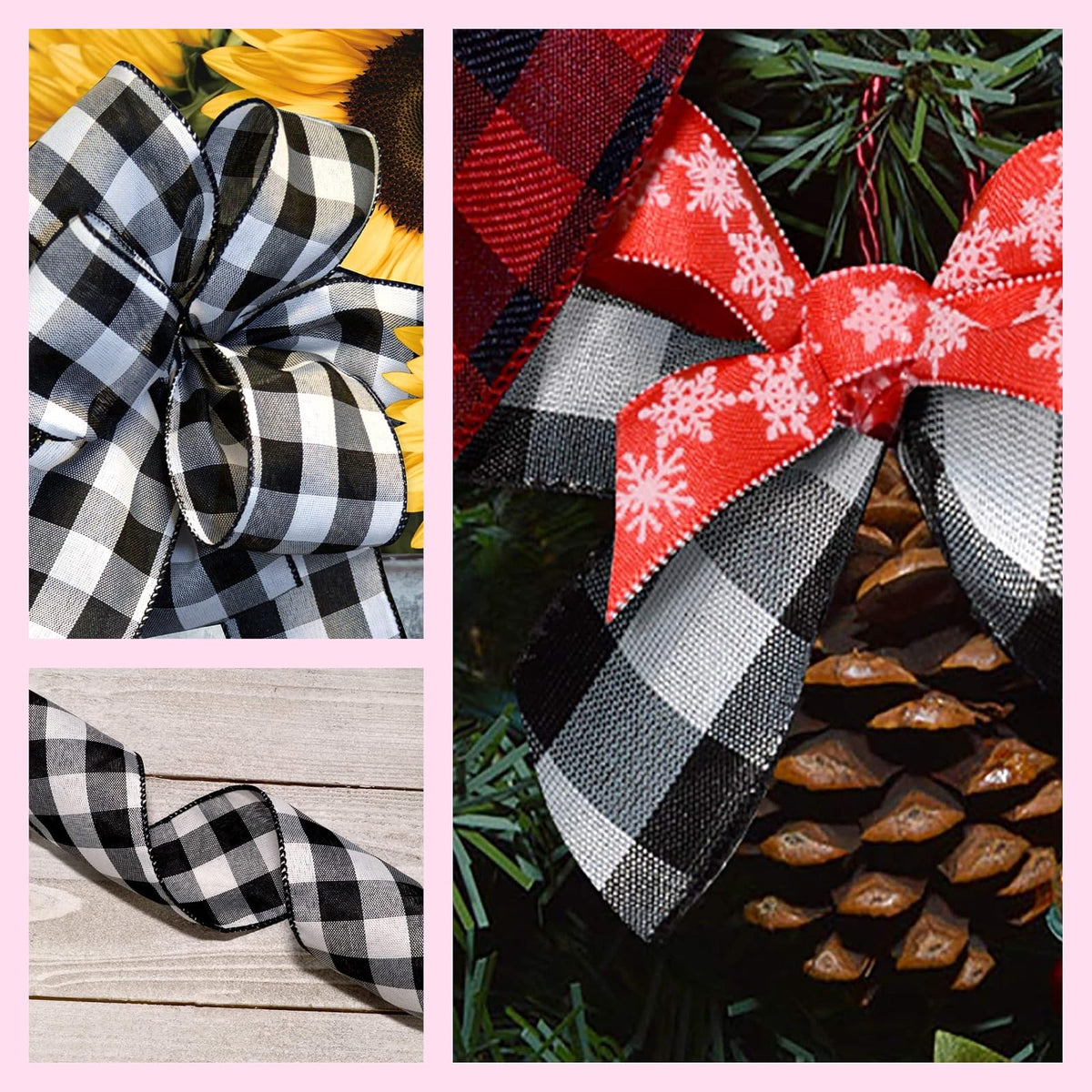 Morex Ribbon Cambridge - Cinta a cuadros con alambre en blanco y negro, para envolver regalos, cintas para el pelo para manualidades, decoraciones de Navidad para decoración del hogar, suministros y materiales de manualidades, 3.8 cm x 45.7 m