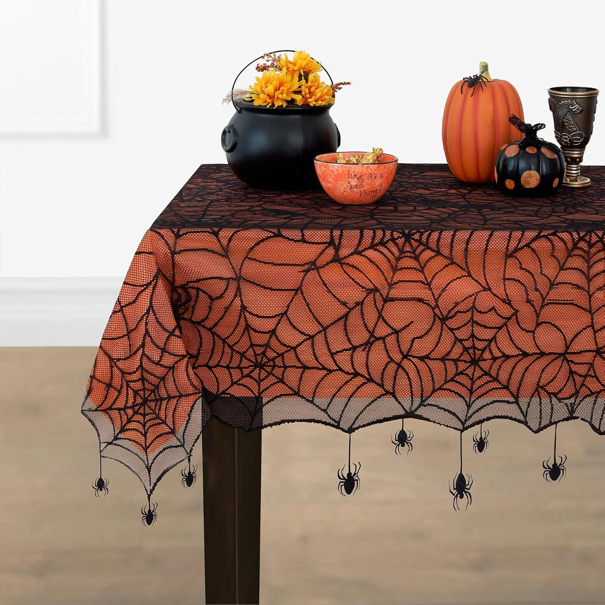 Elrene Home Fashions - Mantel de Halloween con Forro de plástico Naranja extraíble, Rectangular de 60 x 84 Pulgadas, Naranja y Negro
