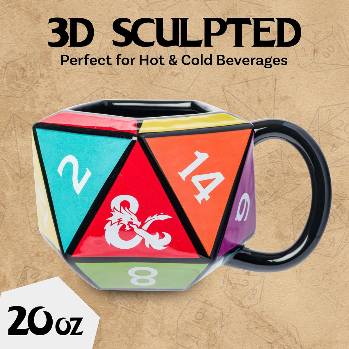 Silver Buffalo Dungeons & Dragons D20 - Taza esculpida 3D de cerámica, 20 onzas