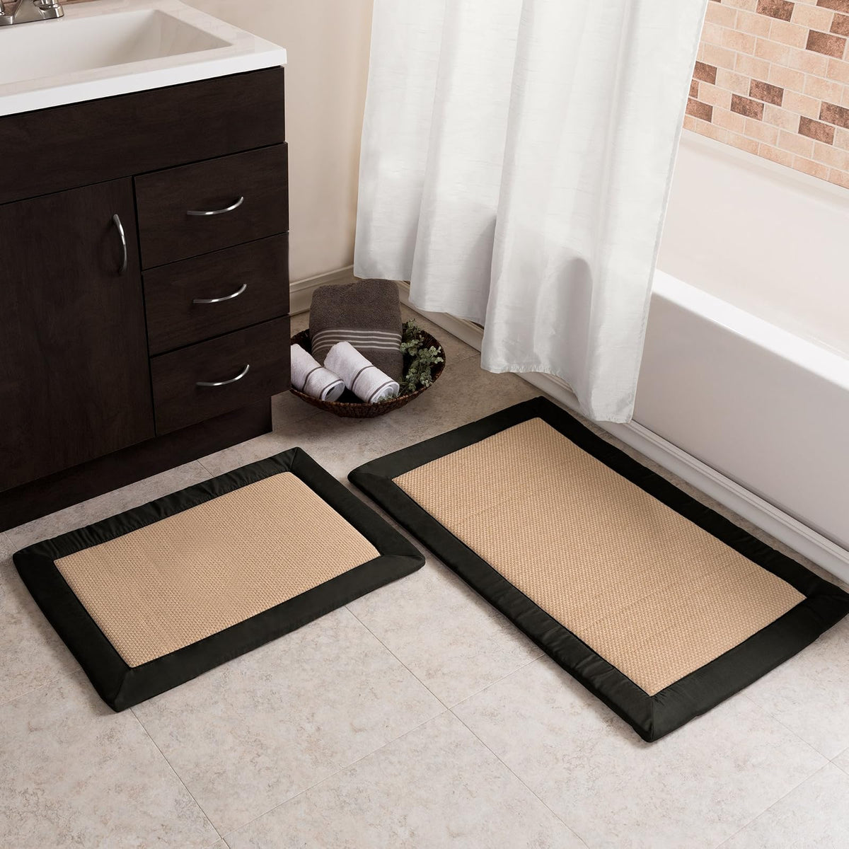Lavish Home 67-0030-BL Memory Foam Bath Mat Set Faux Linen Fleece, Black, 2 Piece