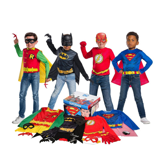 Rubies DC Comics Superhéroes Tronco de Vestir Batman Robin Superman Flash | Talla Única, 21 piezas, camisas con capas, máscaras de ojos, guantes, etiquetas de perro