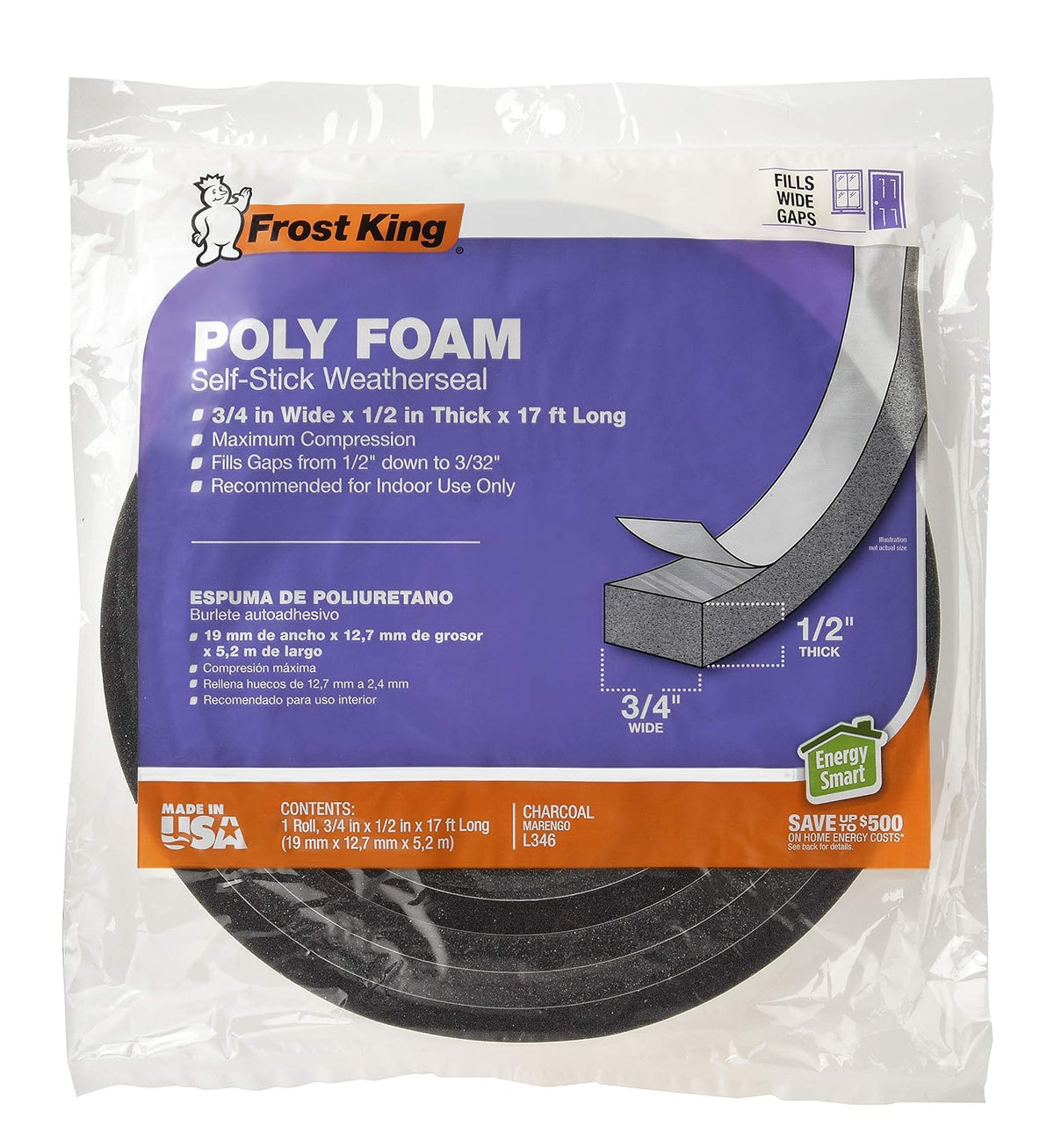 Frost King L341h - Cinta de espuma de poliuretano, 3/4"W, 1/2"T, Carbón