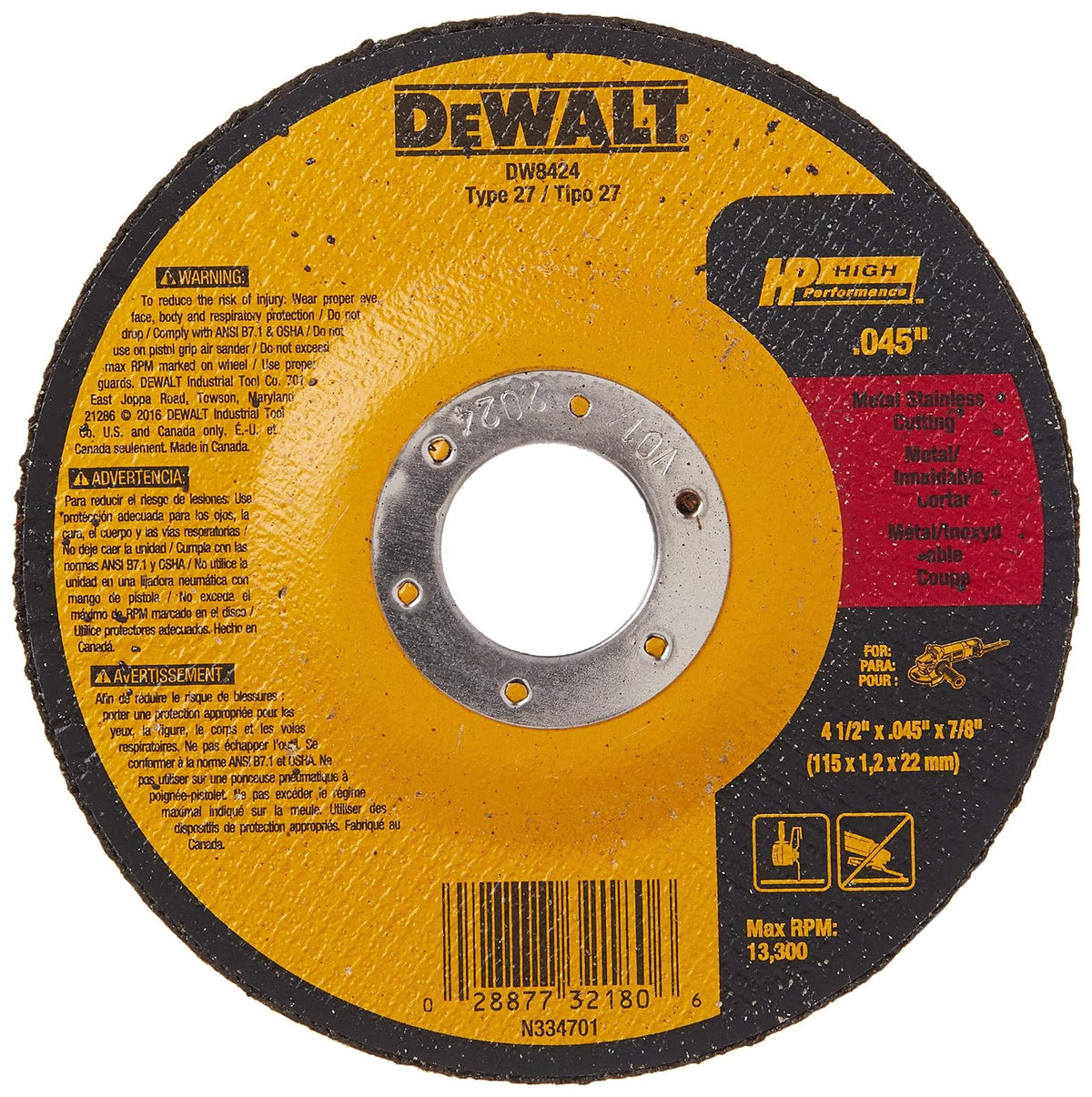 DEWALT DW8424 Z Disco Abrasivo de Corte Ultra Delgado, 4-1/2 x 7/8 pulgadas