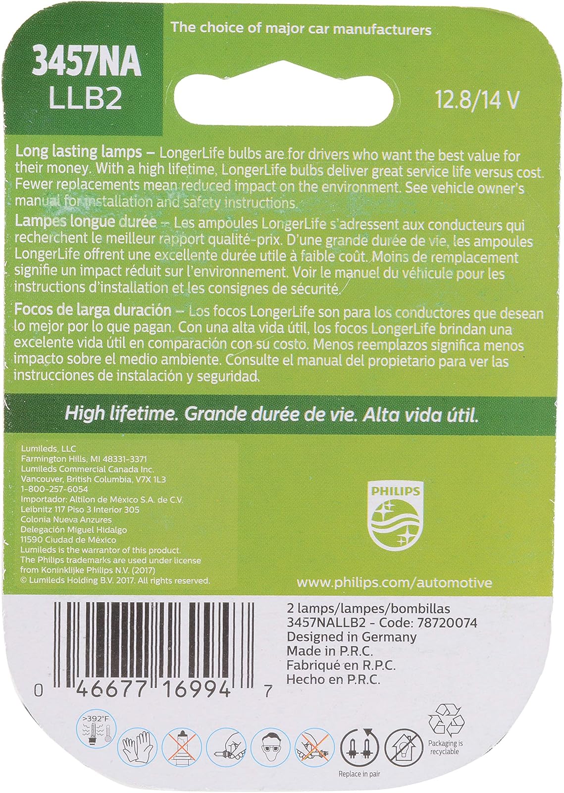 Philips 3457NA LongerLife - Bombilla miniatura (2 unidades)