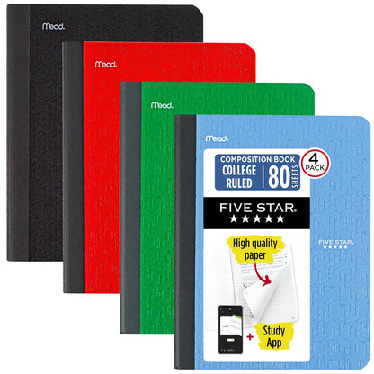 Five Star - Libro de composición + aplicación de estudio, paquete de 4, papel rayado universitario, 7-1/2 pulgadas x 9-3/4 pulgadas, 80 hojas, verde bosque, azul pacífico, rojo fuego y negro