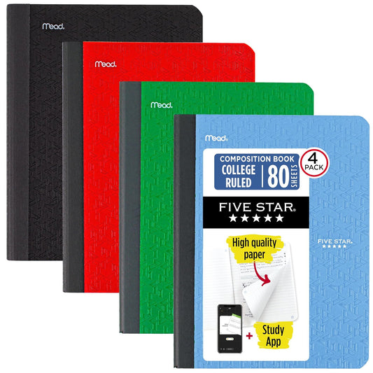 Five Star - Libro de composición + aplicación de estudio, paquete de 4, papel rayado universitario, 7-1/2 pulgadas x 9-3/4 pulgadas, 80 hojas, verde bosque, azul pacífico, rojo fuego y negro