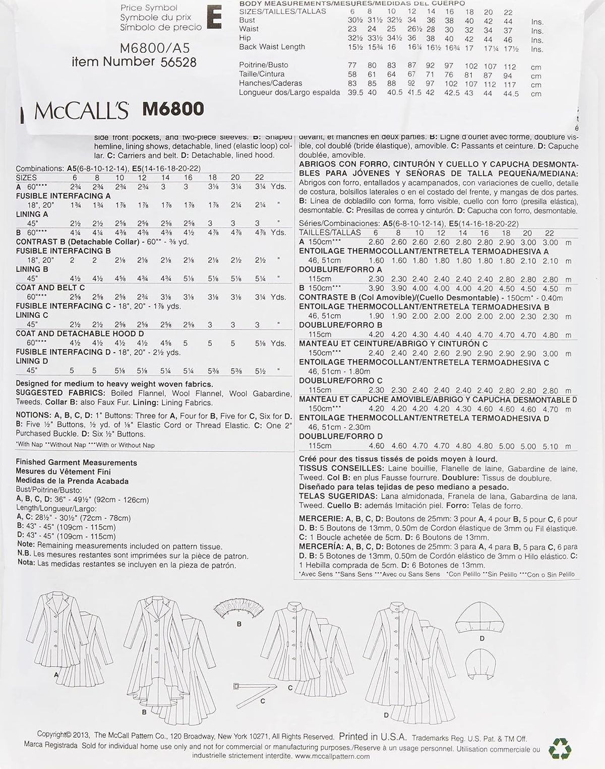 McCall's Pattern Company M6800 - Abrigos con Forro para Mujer, cinturón, Plantilla de Costura Desmontable para Cuello y Capucha, tamaño A5 (6-8-10-12-14)