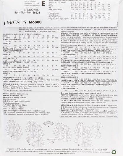 McCall's Pattern Company M6800 - Abrigos con Forro para Mujer, cinturón, Plantilla de Costura Desmontable para Cuello y Capucha, tamaño A5 (6-8-10-12-14)