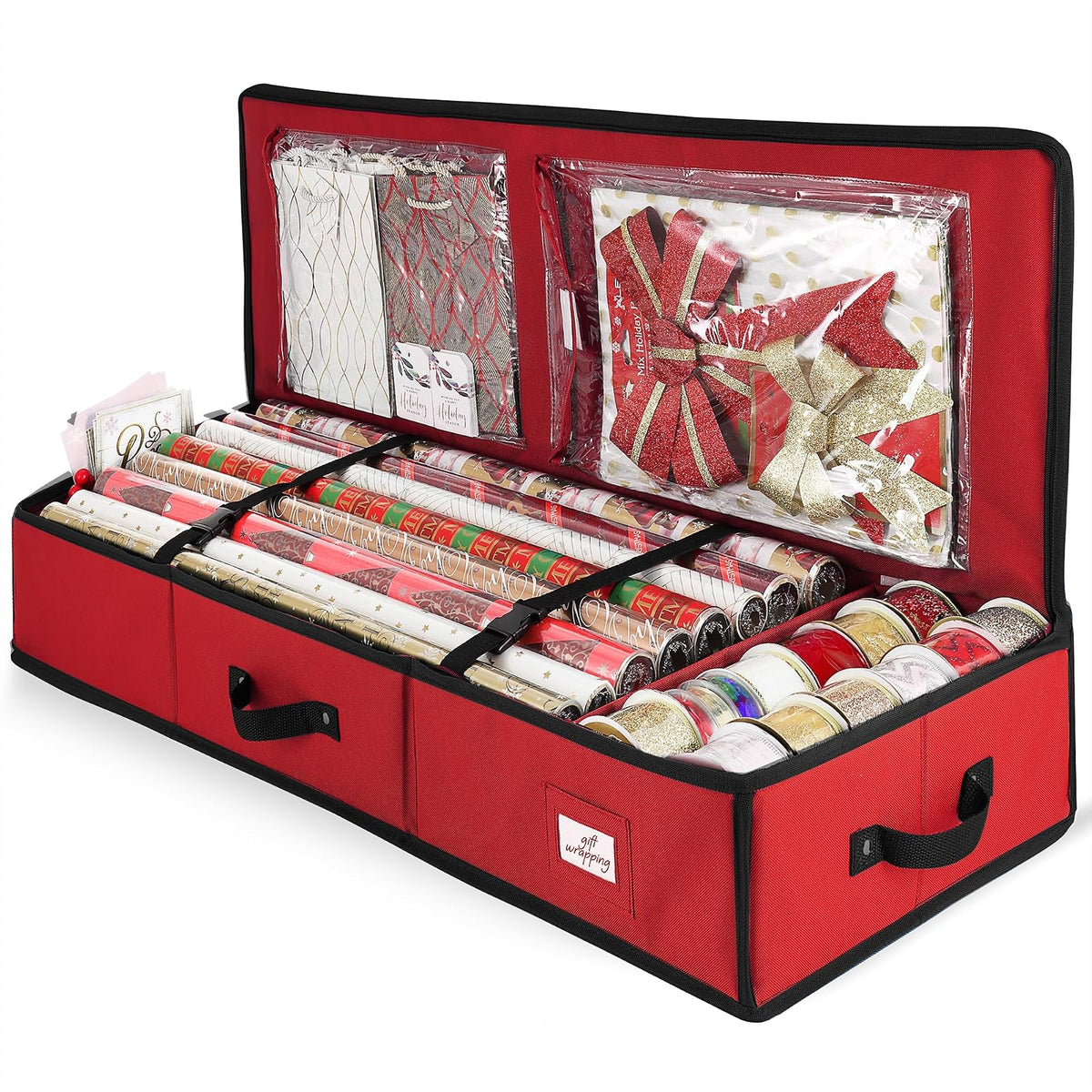 Hearth & Harbor - Contenedor de almacenamiento de papel de regalo, bolsa de almacenamiento de Navidad con bolsillos interiores, organizador de regalo para hasta 22 rollos de 40 pulgadas, organizador - Mediano - Rojo