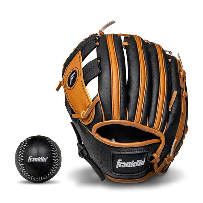 Franklin Sports Guante y Pelota de T-Ball para Niños, 9.5" - Negro - Bronceado - Lanzador zurdo