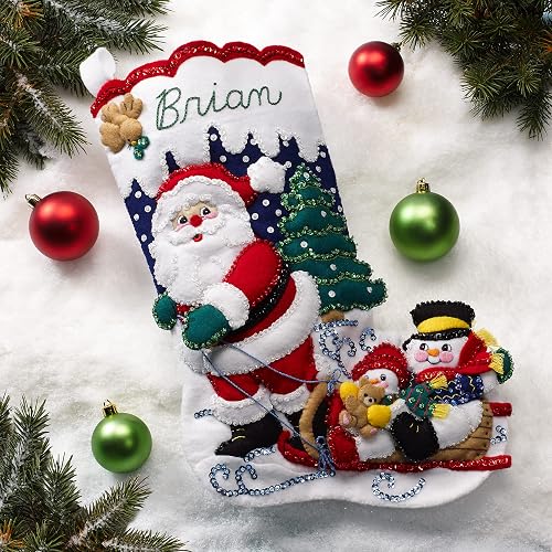 Bucilla - Apliques de fieltro para hacer medias de 45,7 cm, trineo con Papá Noel, perfecto para manualidades y manualidades, 89477E