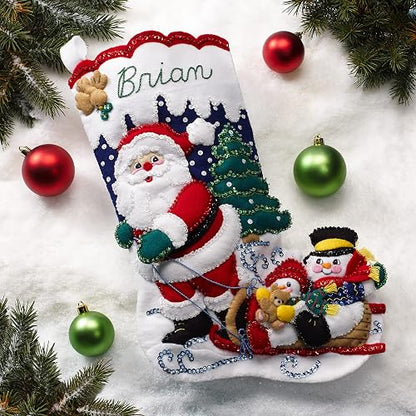 Bucilla - Apliques de fieltro para hacer medias de 45,7 cm, trineo con Papá Noel, perfecto para manualidades y manualidades, 89477E