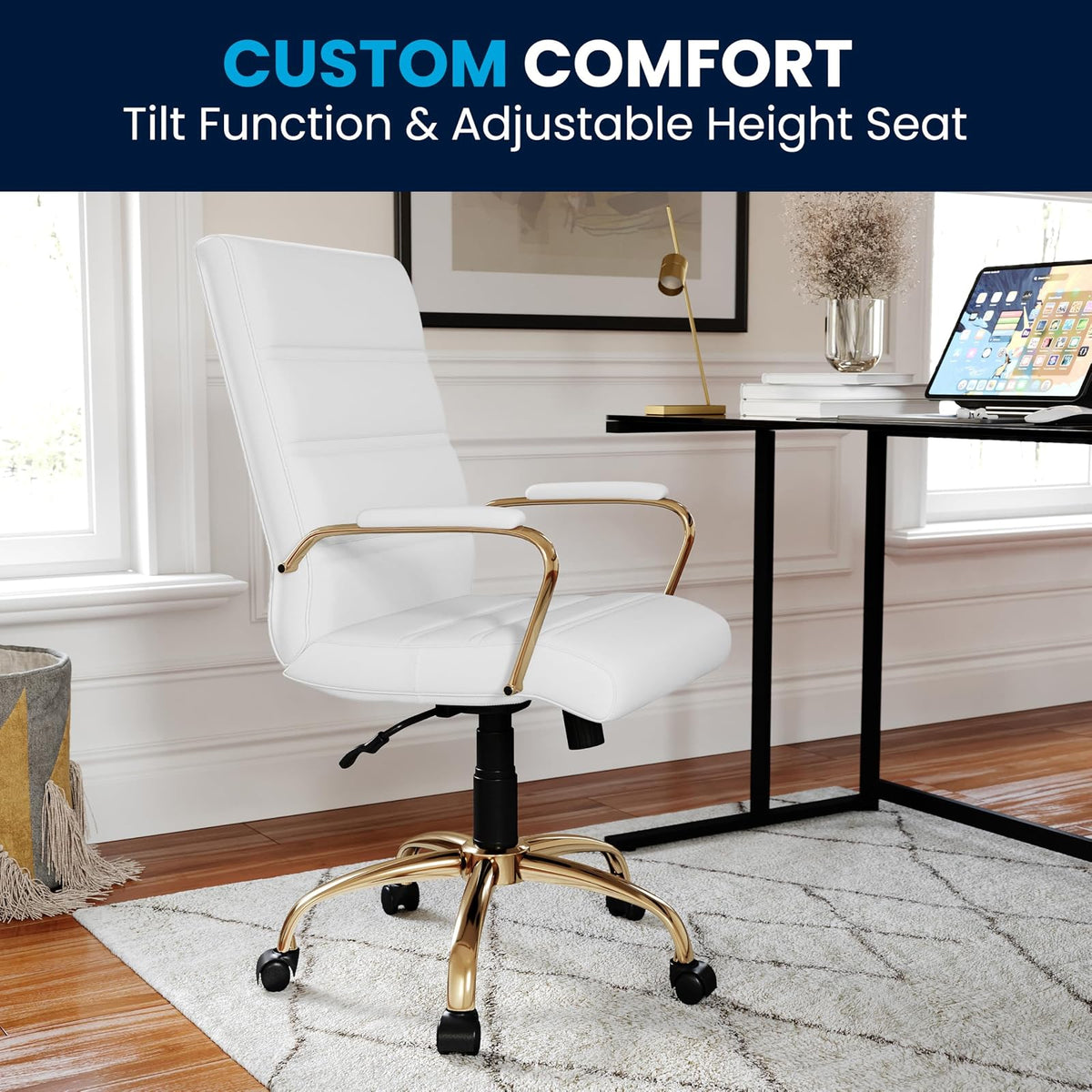 Flash Furniture Silla de Oficina con Respaldo Medio - Silla de Escritorio Ejecutiva de Polipiel Blanco Silla de Computadora con Estructura Dorada y Reposabrazos, 23" W x 24" D x 37" - 40.75" H