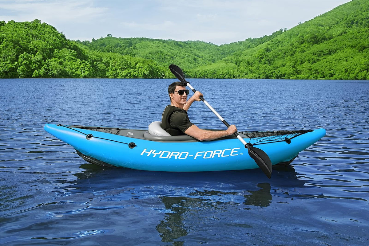 Hydro-Force 9'2" x 34" Ventura Elite X1 Inflatable Kayak Set | Fits 1 Adult | Includes Boat, Aluminum Paddle, Hand Pump, Fins, Seat, Gear Bag, Carry Bag, Repair Patch Kit