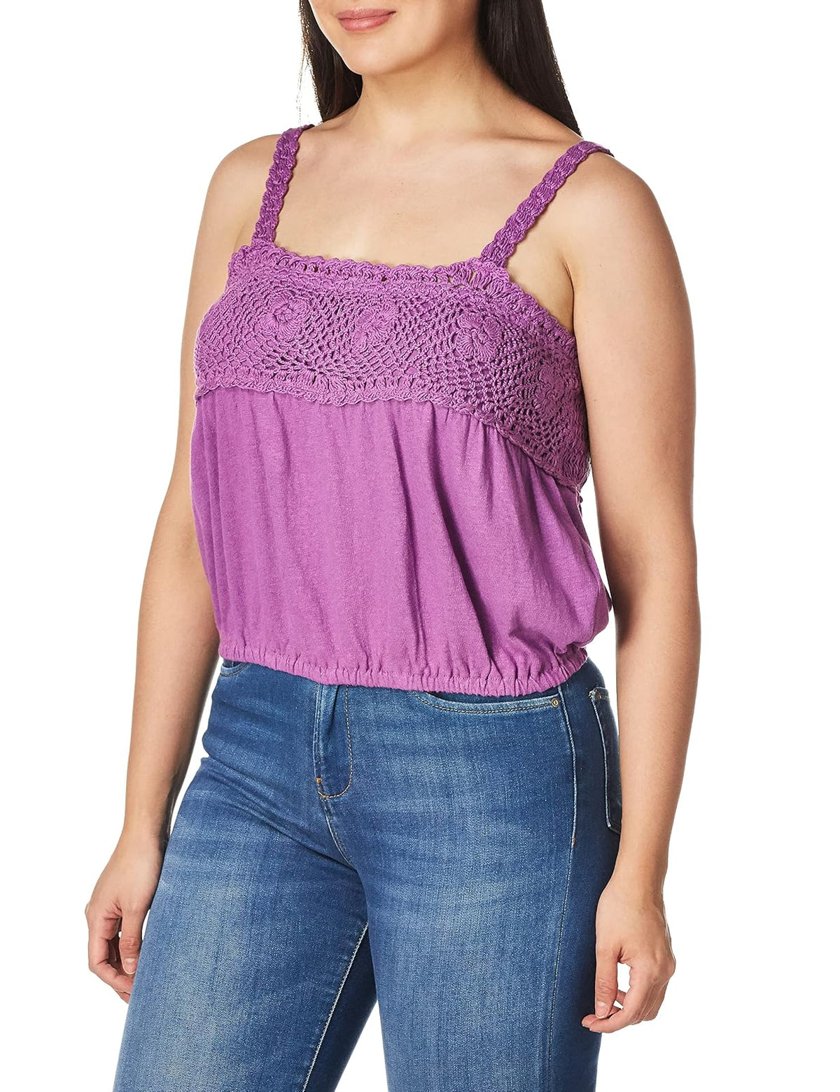 Lucky Brand Top de Ganchillo de Manga Corta con Cuello Cuadrado BlusasMujer