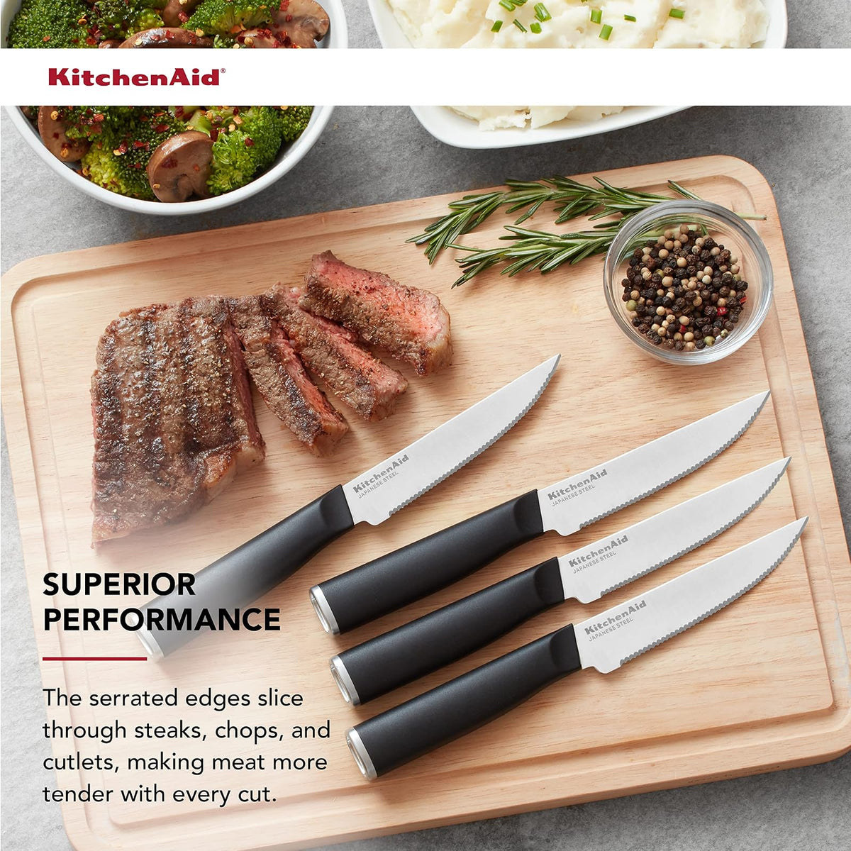 KitchenAid Classic - Juego de 4 cuchillos de carne de 4.5 pulgadas, cuchillas japonesas de alto carbono, juego de cuchillos de cocina afilados, negro