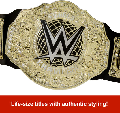 Mattel Cinturón de Campeonato de WWE, Juego de rol y Disfraz del Campeonato Mundial de Peso Pesado, Aprox. 100 cm de Largo cinturón de Piel sintética con Ajuste único, HYF18