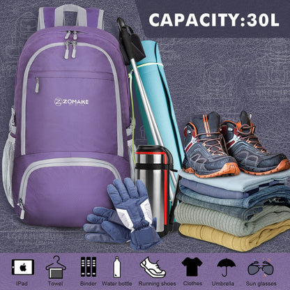ZOMAKE Ultraligera Plegable Mochila, 30L Resistente Agua Viaje Mochila Liviana Empacable Bolsa Acampar Senderismo Camina Mochila
