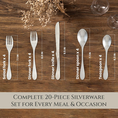 Knork 18/10 Cubertería de acero inoxidable, 20 piezas, plateado brillante, Plateado mate, 20 Piece Set, Service for 4, 1