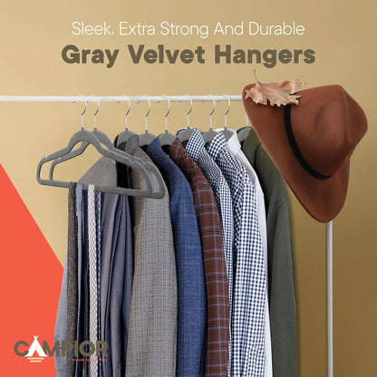 Campior Premium Velvet Non-Slip Hangers for Clothes - Heavy Duty Coat Hanger Set with 360° Swivel Hook, Lightweight, Luxurious Velvet Finish, Versatile Hangers for Any Closet, Pack of 60 - Grey