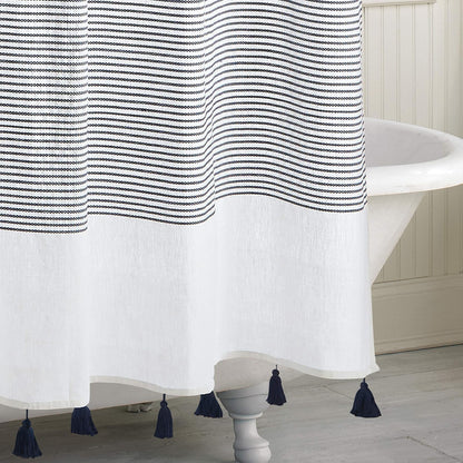 Peri Home Panamá Stripe Boho Farmhouse - Cortina de Ducha con borlas 100% Tela de algodón con borlas para decoración de baño, 72 x 72 Pulgadas, Azul Marino