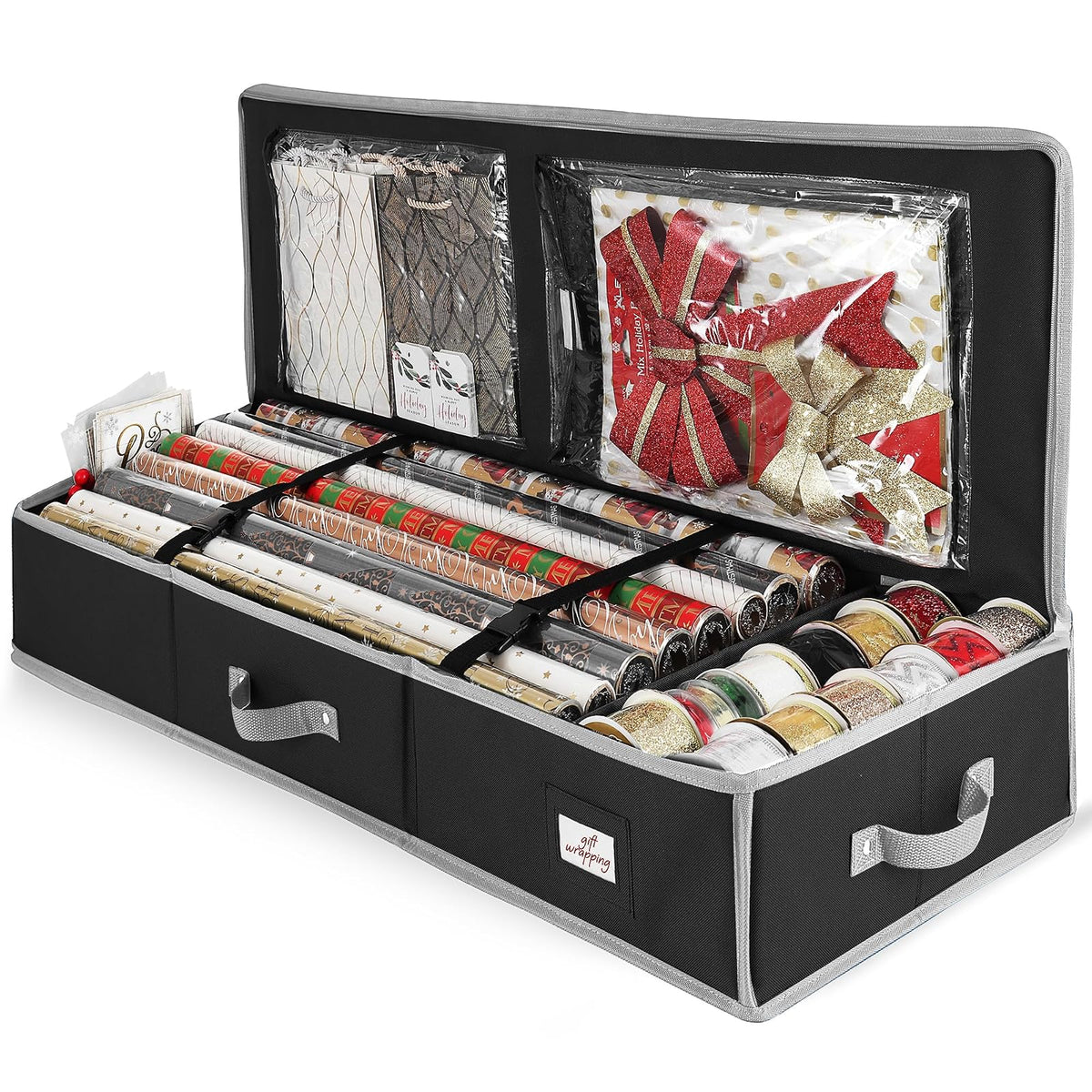Hearth & Harbor - Contenedor de almacenamiento de papel de regalo, bolsa de almacenamiento de Navidad con bolsillos interiores, organizador de regalo para hasta 22 rollos de 40 pulgadas, organizador - Medium (3 - Negro