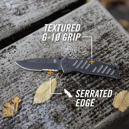 Gerber Gear 31-000594 - Cuchillo Swagger, borde dentado, punto de caída | Hoja dentada de punto de caída, mango G10, abierta con una sola mano, transporte diario EDC, cuchillo plegable duradero y