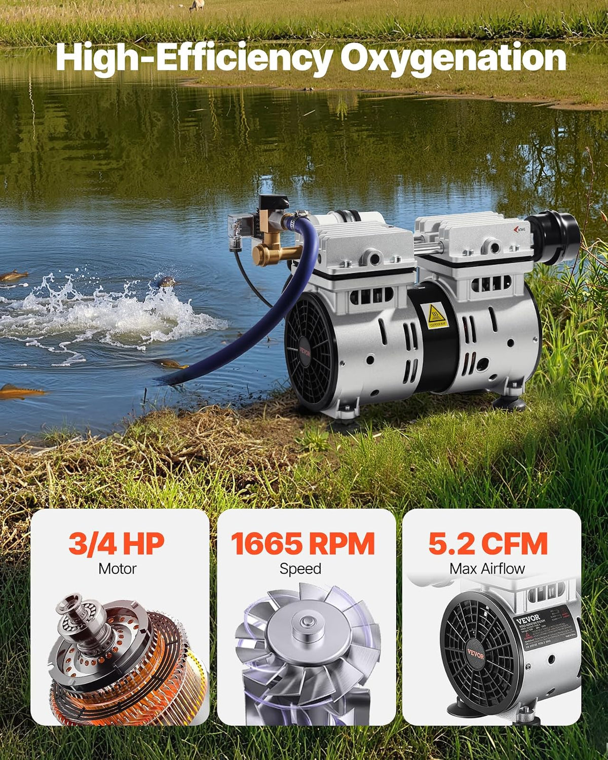 VEVOR Aireador de Estanque, 550 W, 5,2 CFM para Un Lago de hasta 3 Acres, Incluye Compresor de 3/4 HP, Temporizador y Válvulas, para Circulación de Oxígeno en Aguas Profundas, 25,5 x 16 x 21,5 cm