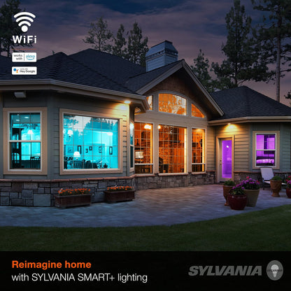 Sylvania Smart+ Wi-Fi a todo color regulable A19 LED, CRI 90+, equivalente a 60 W, funciona con Alexa y Google Assistant, 4 unidades
