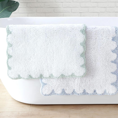 Peri Home - Alfombra de baño festoneada, Suave y Absorbente, 100% algodón, 20 x 30 Pulgadas, Color Blanco con Festoneado Salvia