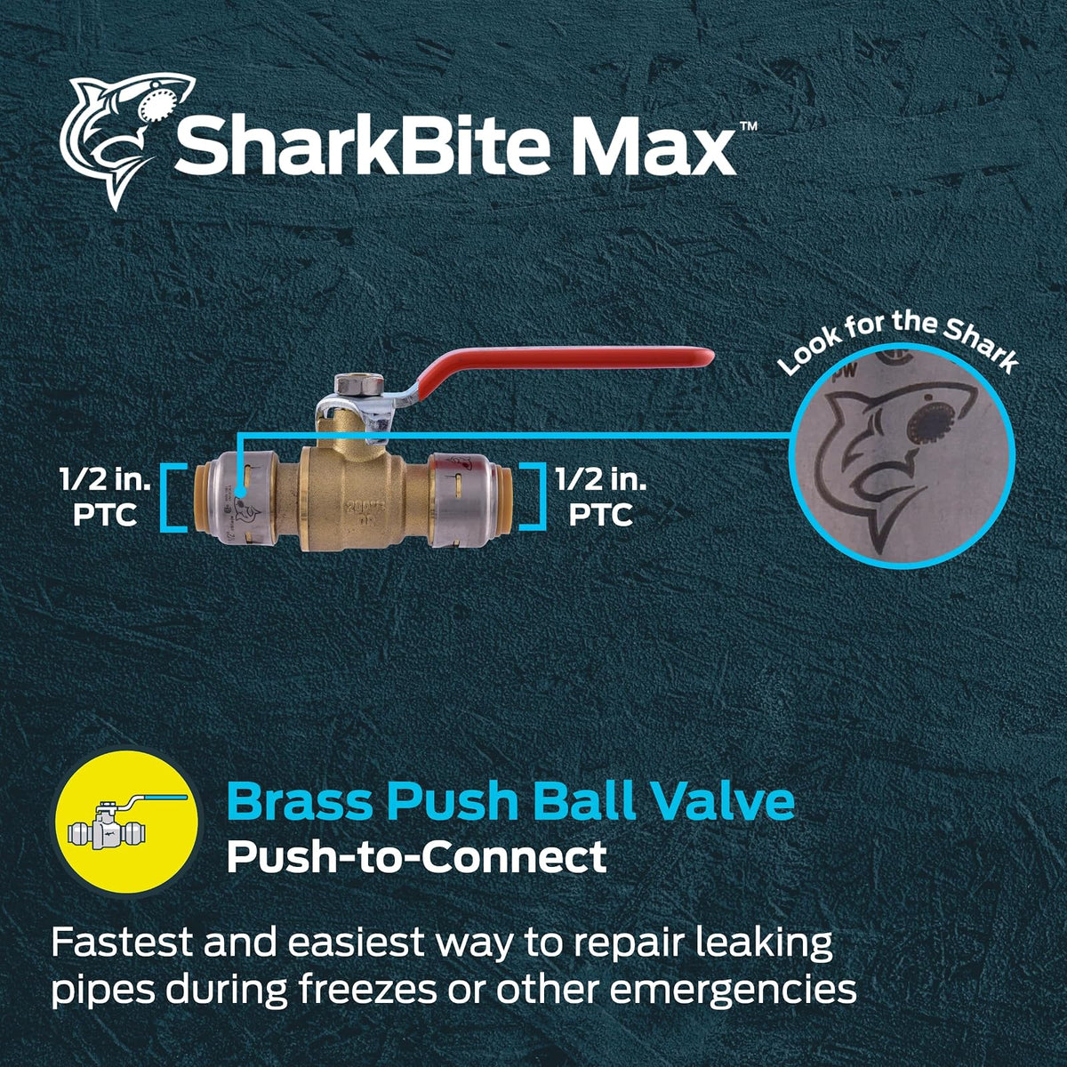 SharkBite Max - Válvula de bola PTC de 1/2 x 1/2 pulgadas, ajuste de plomería de latón con cierre de agua de latón de empuje para conectar, UR2222