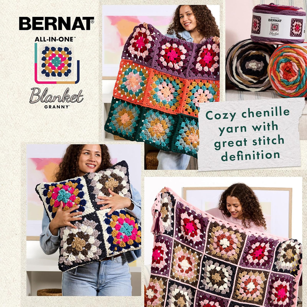 Bernat Blanket Granny Square Seaside Shine - Paquete de 2 240 g / 8.5 oz - 100% poliéster - #6 Super voluminoso - 178 yardas - Tejer/Crochet