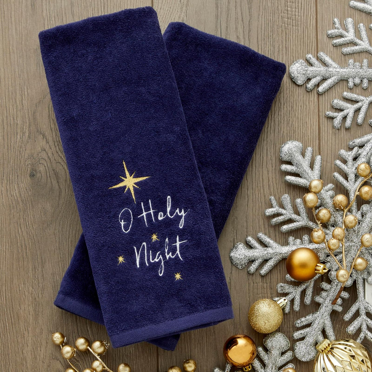 SKL Home Religious/Christmas/Winter O Holy Night Juego de 2 Toallas de Mano para baño/Cocina y Regalo, Color Azul Marino