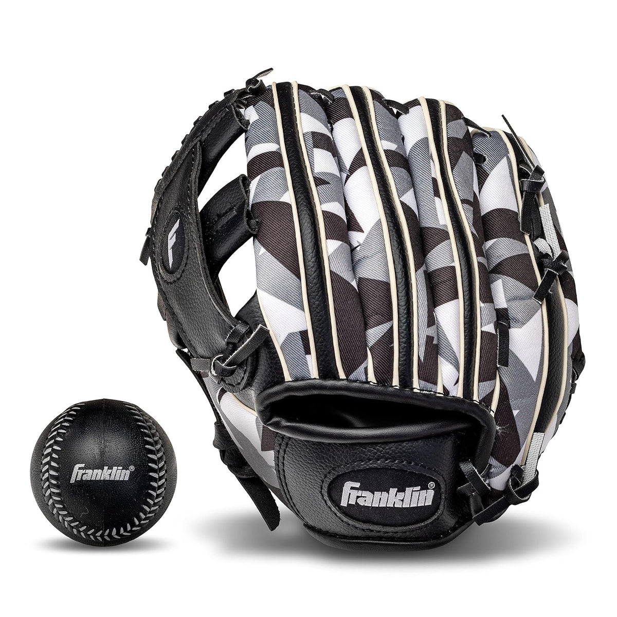 Franklin Sports Guante y Pelota de T-Ball para Niños, 9.5" - Negro - Blanco - Lanzador para zurdos