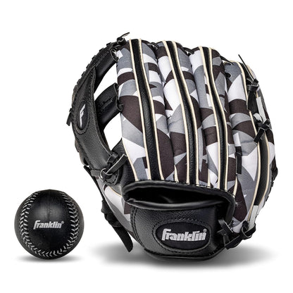 Franklin Sports Guante y Pelota de T-Ball para Niños, 9.5" - Negro - Blanco - Lanzador para zurdos